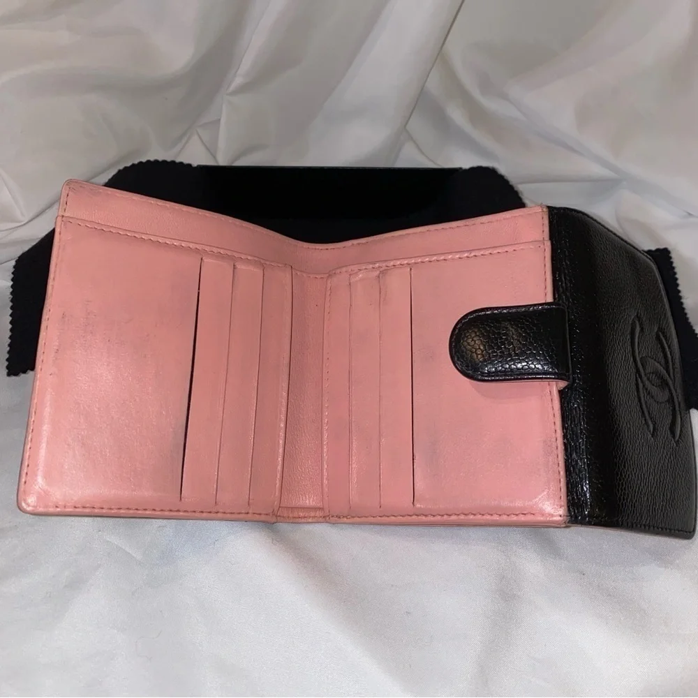 Chanel Authentic Caviar Leather Bifold Black Wallet w/Pink Interior & Auth Cert